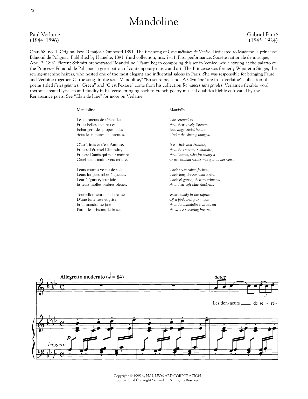 Gabriel Fauré Cinq Melodies De Venise: Mandoline (High Voice) Sheet Music Notes & Chords for Piano & Vocal - Download or Print PDF