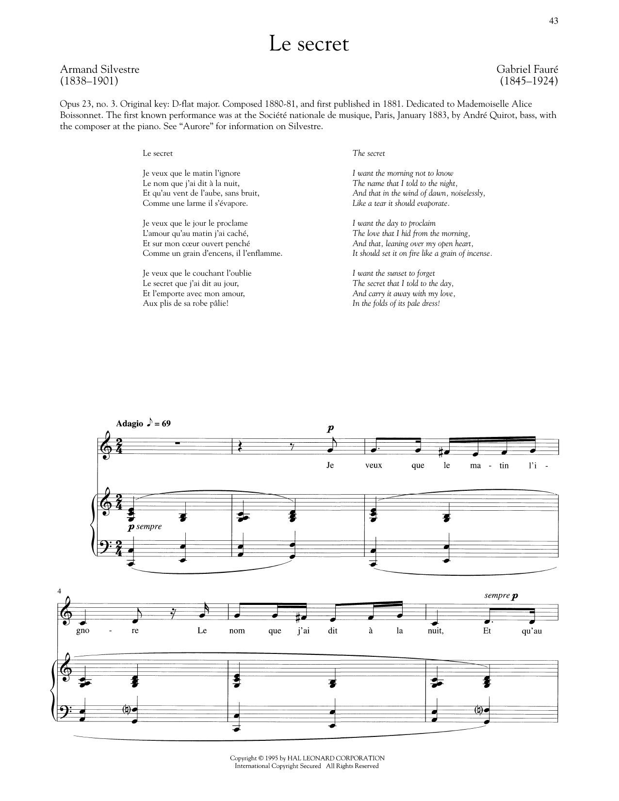 Gabriel Fauré Le Secret (Low Voice) Sheet Music Notes & Chords for Piano & Vocal - Download or Print PDF