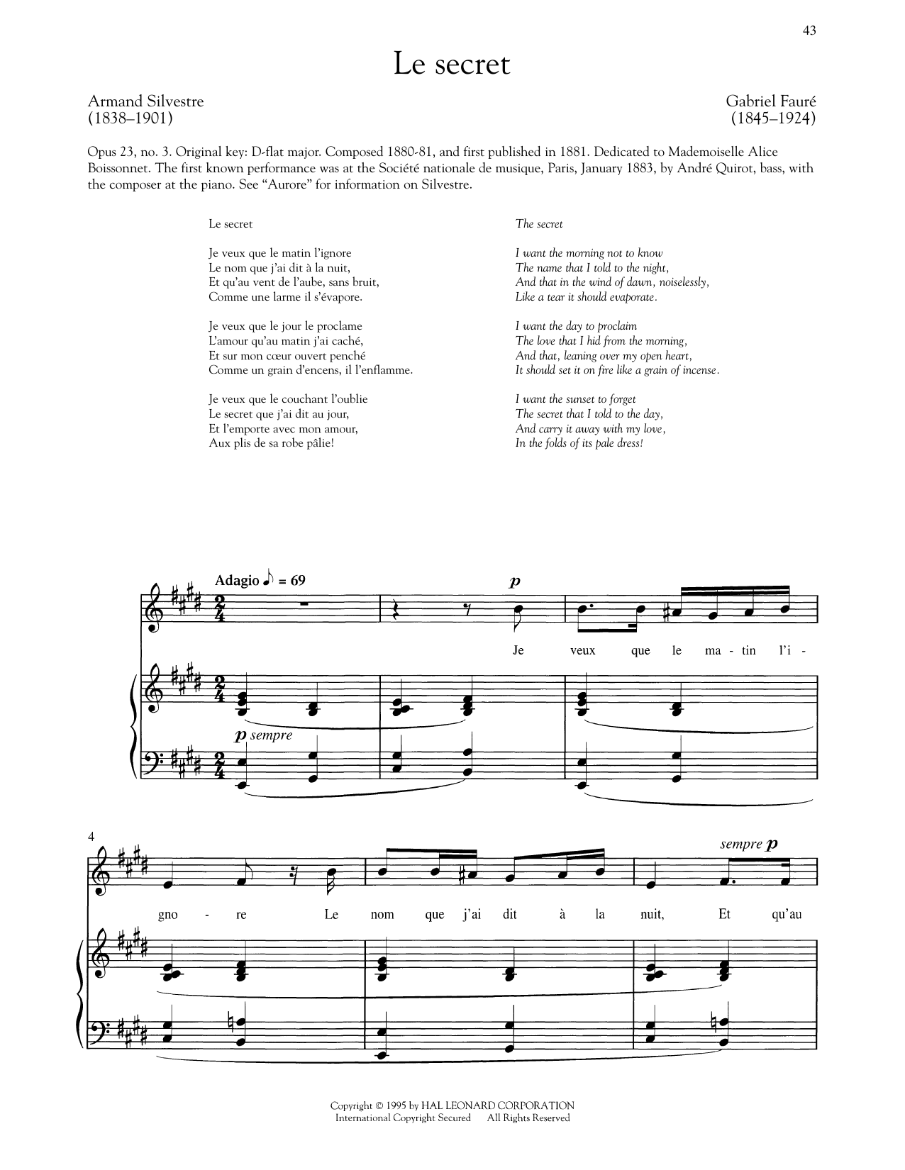 Gabriel Faure Le Secret Sheet Music Notes & Chords for Piano & Vocal - Download or Print PDF