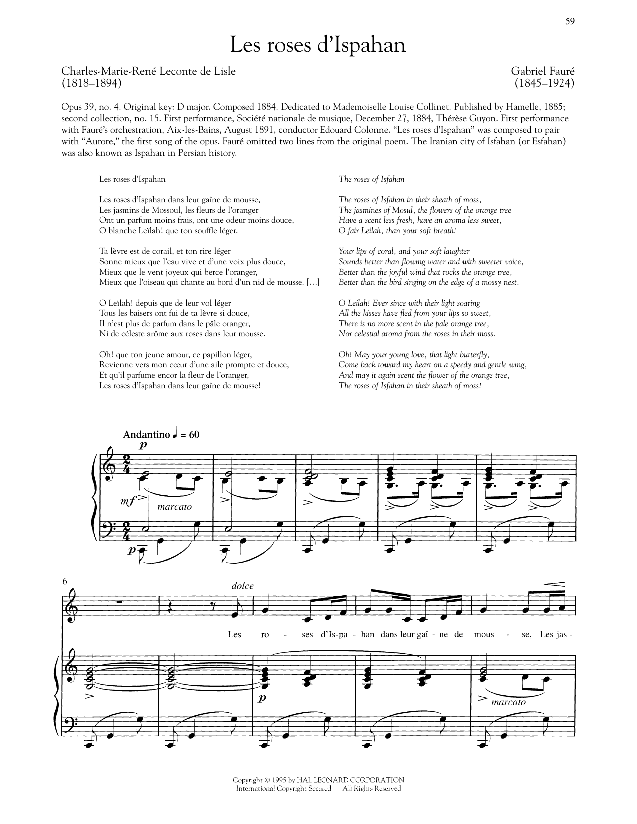Gabriel Fauré Les Roses D'Ispahan (Low Voice) Sheet Music Notes & Chords for Piano & Vocal - Download or Print PDF