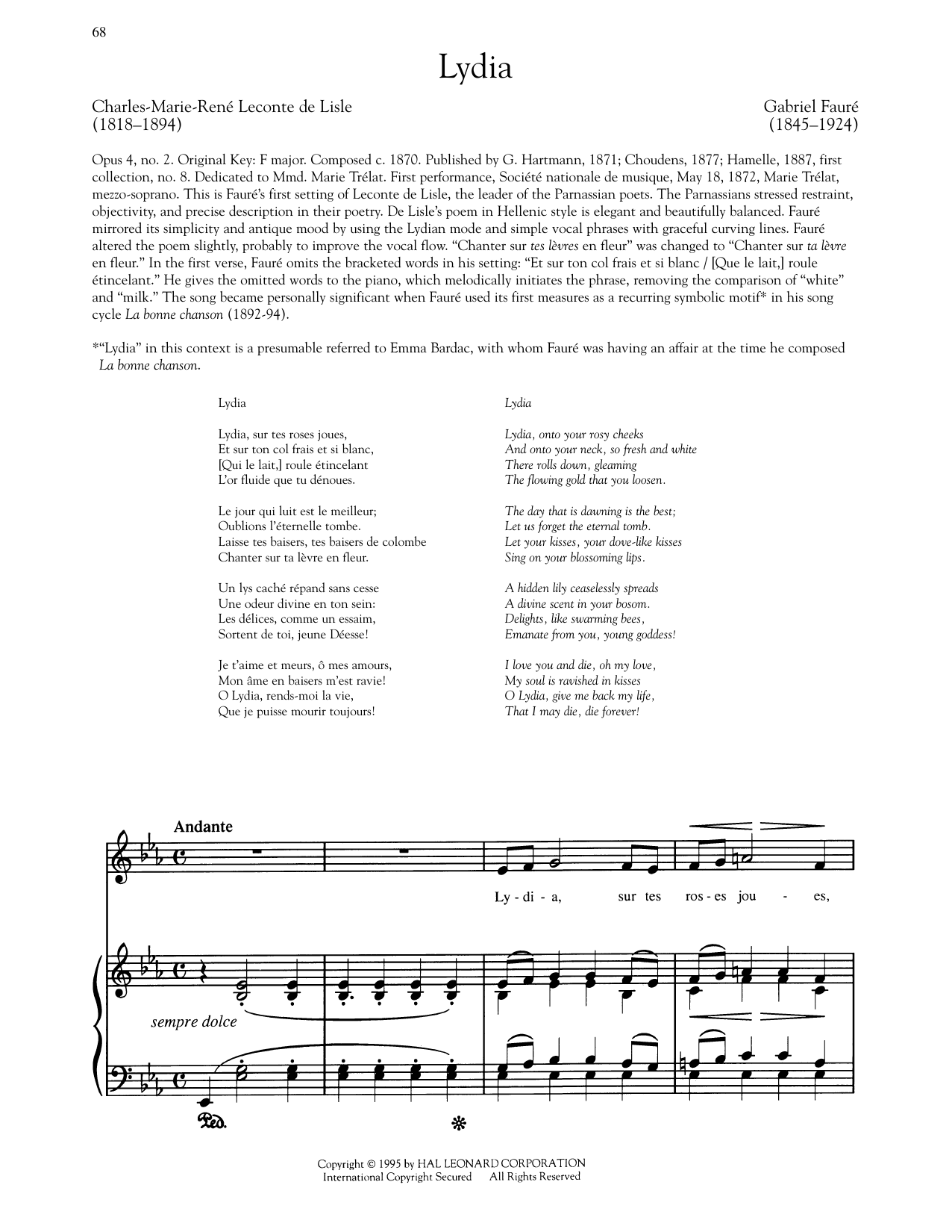 Gabriel Fauré Lydia (Low Voice) Sheet Music Notes & Chords for Piano & Vocal - Download or Print PDF