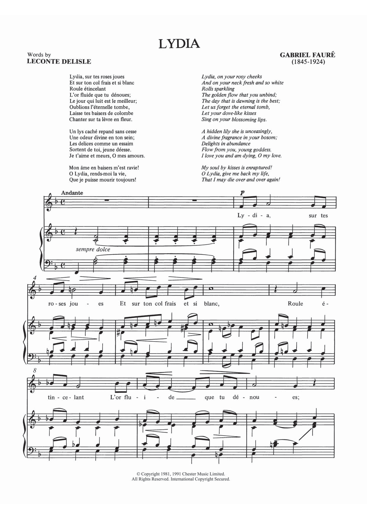 Gabriel Fauré Lydia Sheet Music Notes & Chords for Piano & Vocal - Download or Print PDF