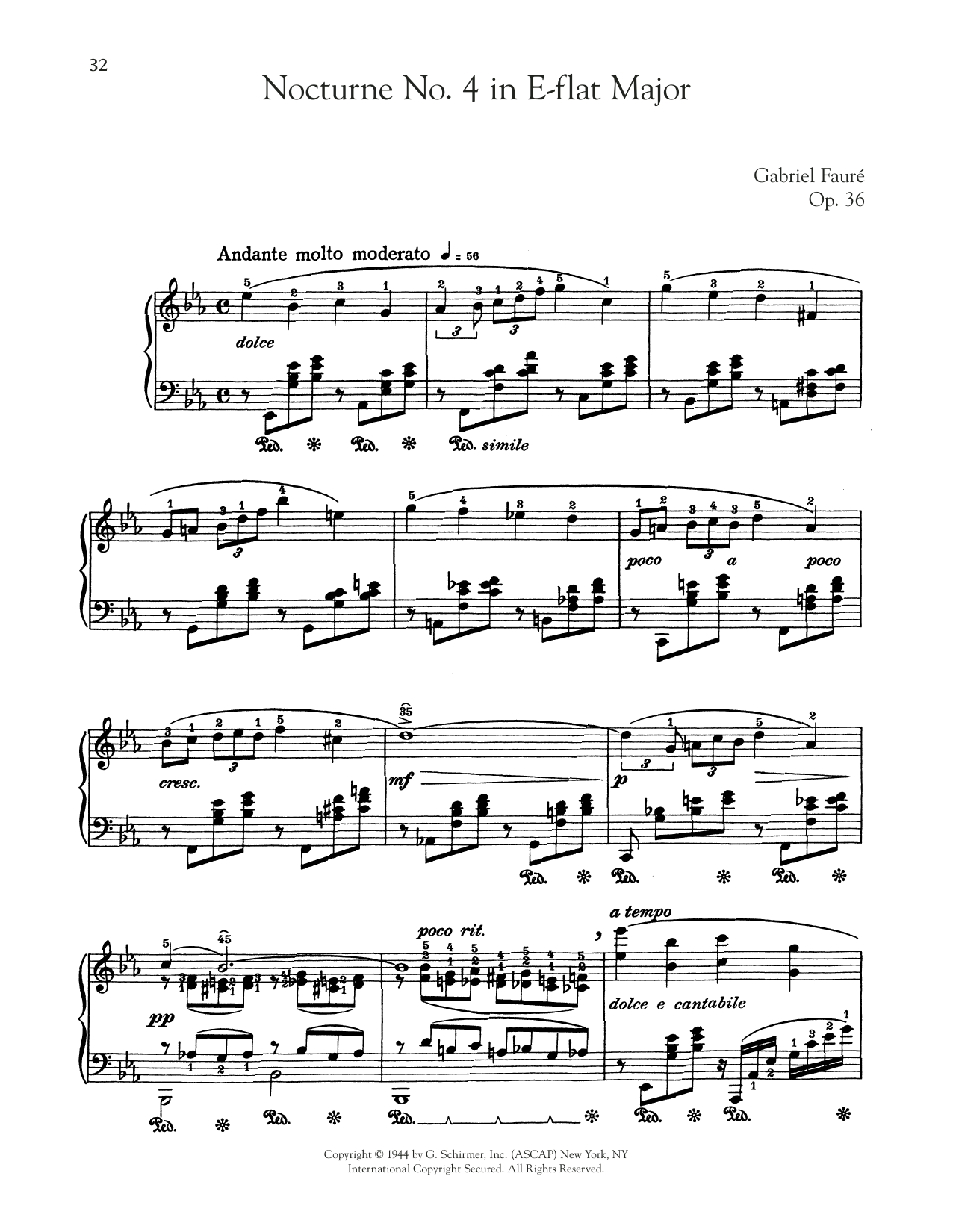 Gabriel Fauré Nocturne In E-Flat Major, Op. 36, No. 4 Sheet Music Notes & Chords for Piano Solo - Download or Print PDF