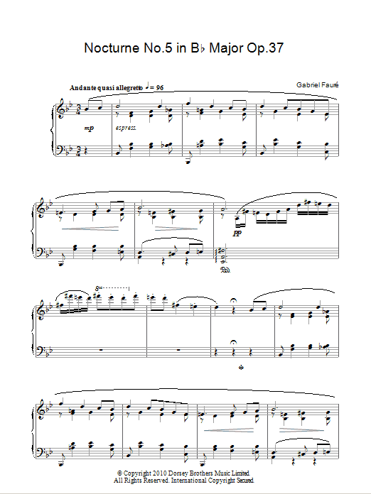 Gabriel Faure Nocturne No. 5 In B Flat Major, Op. 37 Sheet Music Notes & Chords for Piano - Download or Print PDF