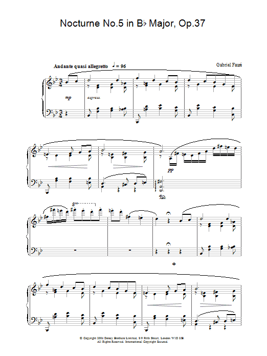 Gabriel Fauré Nocturne No.5 in B Flat Major, Op.37 Sheet Music Notes & Chords for Piano - Download or Print PDF