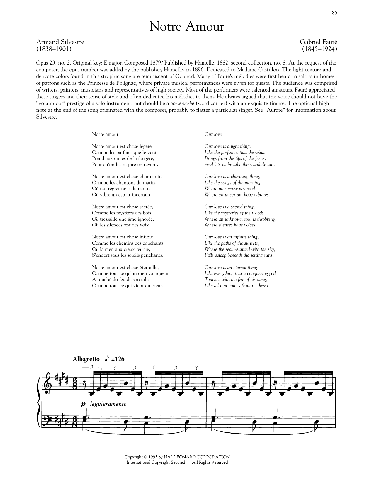 Gabriel Faure Notre Amour Sheet Music Notes & Chords for Piano & Vocal - Download or Print PDF