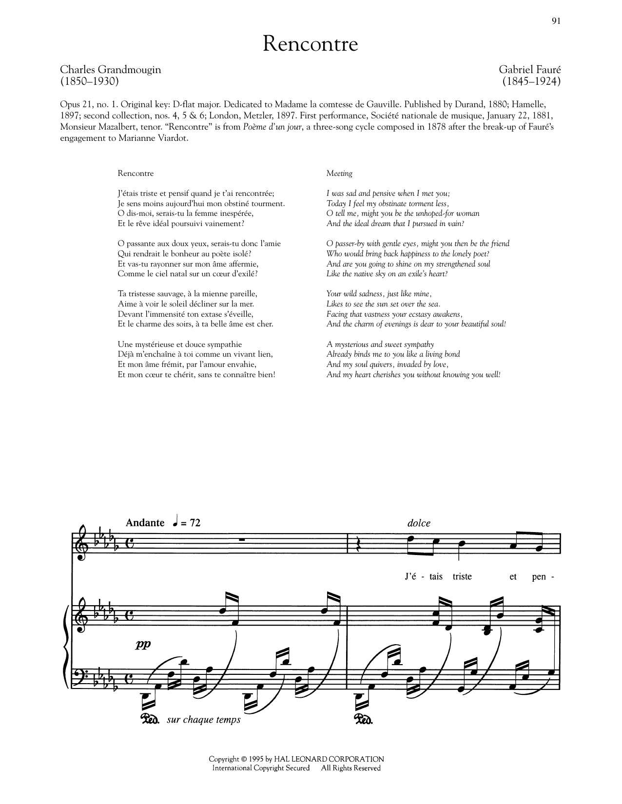 Gabriel Fauré Poeme D'Un Jour: Recontre (High Voice) Sheet Music Notes & Chords for Piano & Vocal - Download or Print PDF