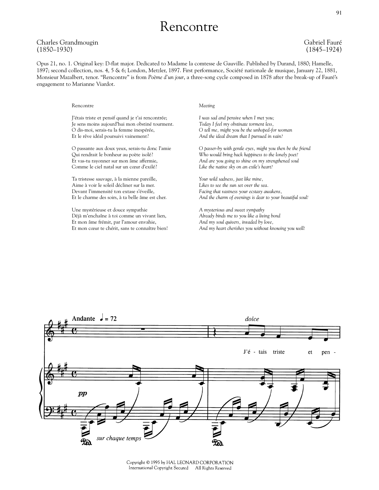 Gabriel Fauré Poeme D'Un Jour: Recontre (Low Voice) Sheet Music Notes & Chords for Piano & Vocal - Download or Print PDF