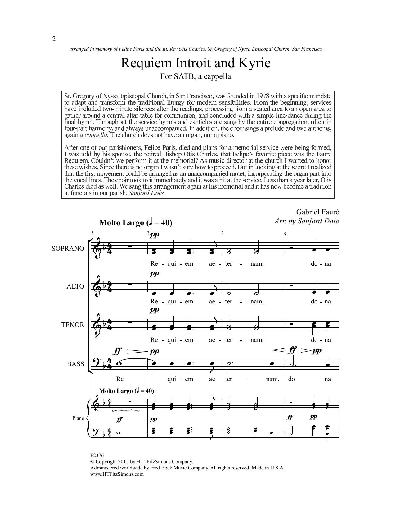 Gabriel Faure Requiem, Introit And Kyrie (arr. Sanford Dole) Sheet Music Notes & Chords for SATB Choir - Download or Print PDF