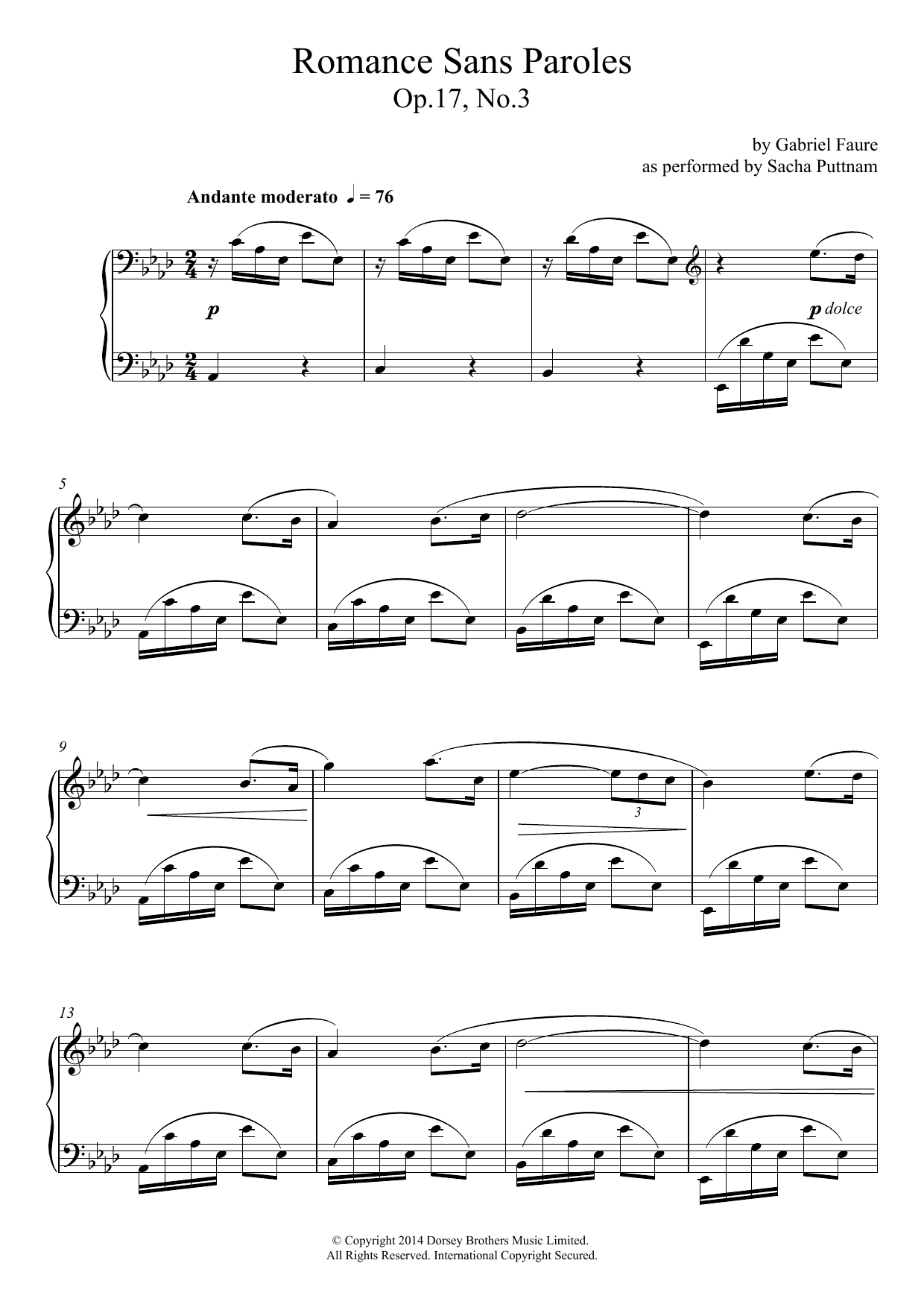 Gabriel Fauré Romance Sans Paroles Op.17, No.3 (as performed by Sacha Puttnam) Sheet Music Notes & Chords for Piano - Download or Print PDF