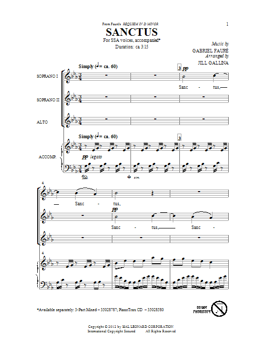 Gabriel Faure Sanctus (arr. Jill Gallina) Sheet Music Notes & Chords for SSA - Download or Print PDF