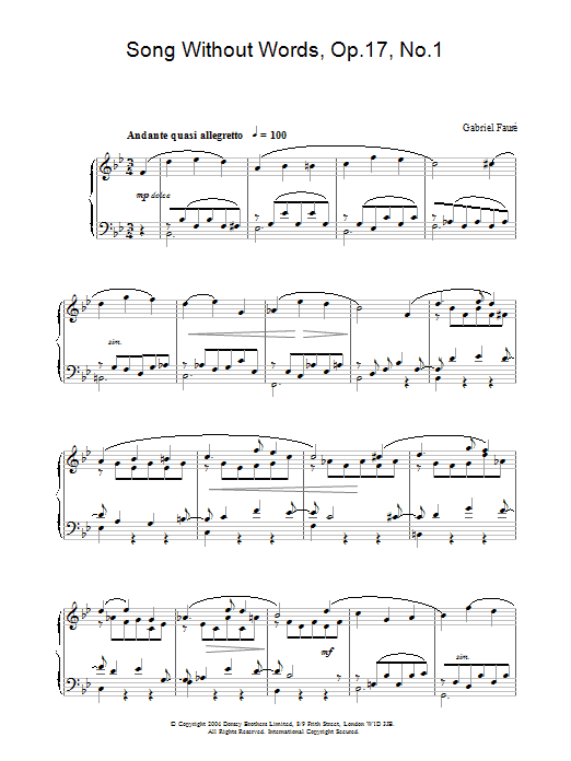 Gabriel Fauré Song Without Words, Op.17, No.1 Sheet Music Notes & Chords for Piano - Download or Print PDF