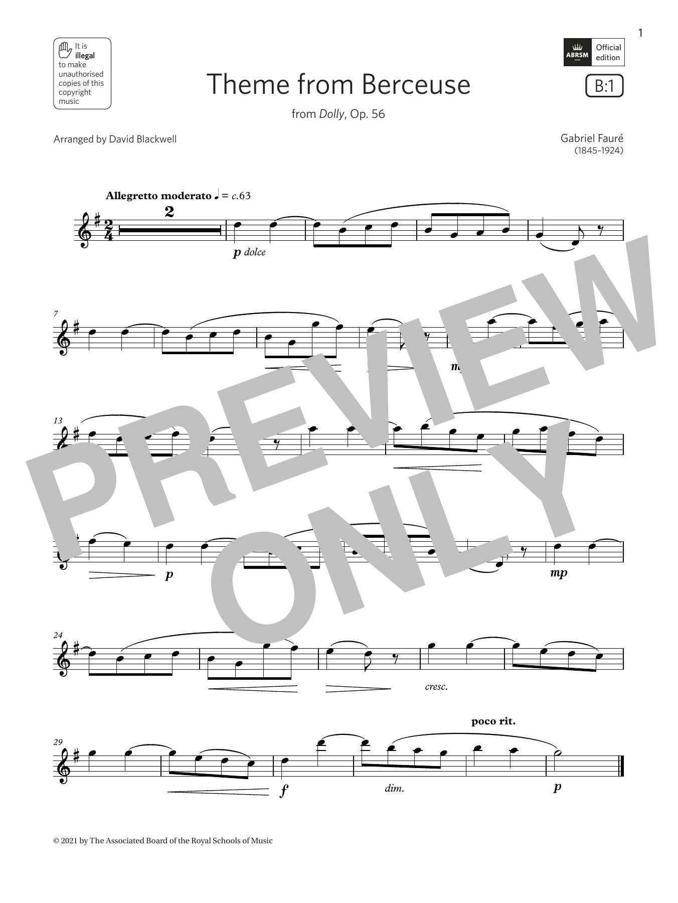 Gabriel Faure Theme from Berceuse (from Dolly, Op. 56) (Grade 2 List B1 from the ABRSM Flute syllabus from 2022) Sheet Music Notes & Chords for Flute Solo - Download or Print PDF