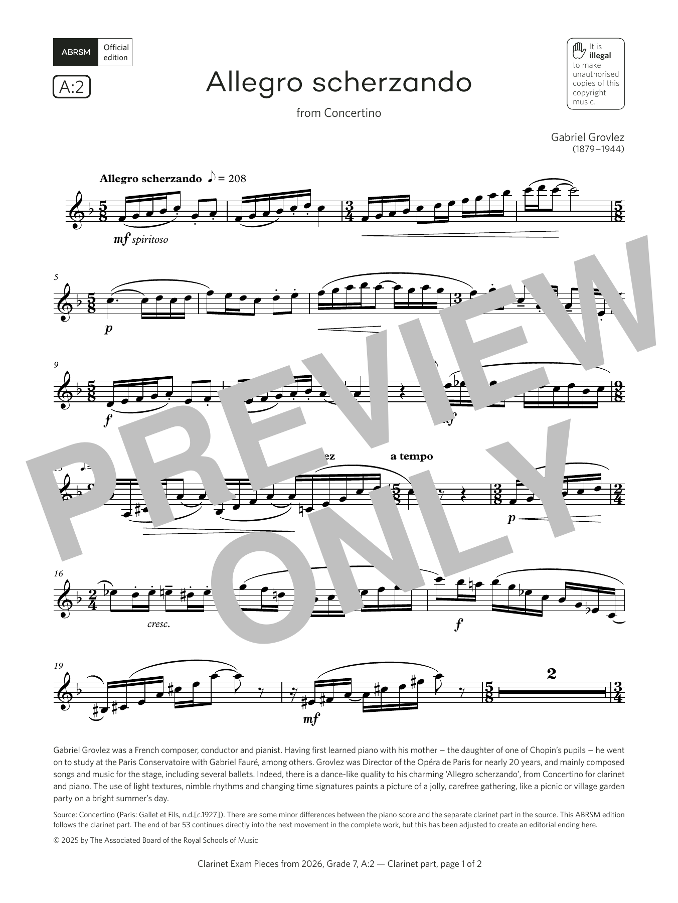 Gabriel Grovlez Allegro scherzando (Grade 7, list A2, from the ABRSM Clarinet Syllabus from 2026) Sheet Music Notes & Chords for Clarinet Solo - Download or Print PDF Gabriel Grovlez Allegro scherzando (Grade 7, list A2, from the ABRSM Clarinet Syllabus from 2026) Sheet Music Notes & Chords for Clarinet Solo - Download or Print PDF