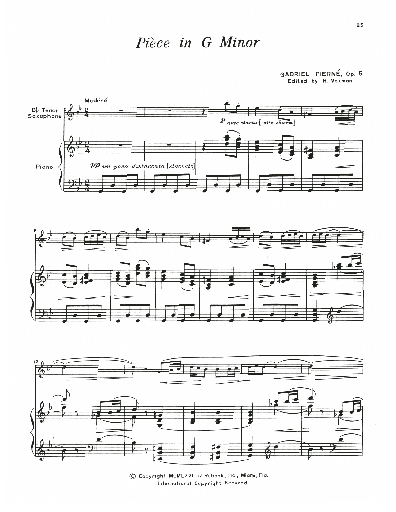 Gabriel Pierne Piece In G Minor Sheet Music Notes & Chords for Tenor Sax and Piano - Download or Print PDF