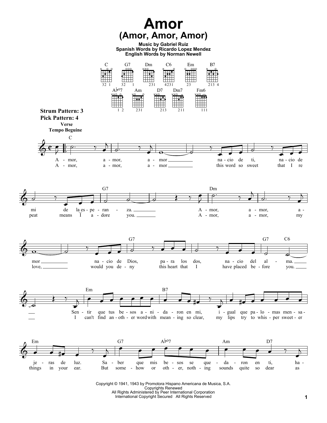 Gabriel Ruiz Amor (Amor, Amor, Amor) Sheet Music Notes & Chords for Piano, Vocal & Guitar (Right-Hand Melody) - Download or Print PDF
