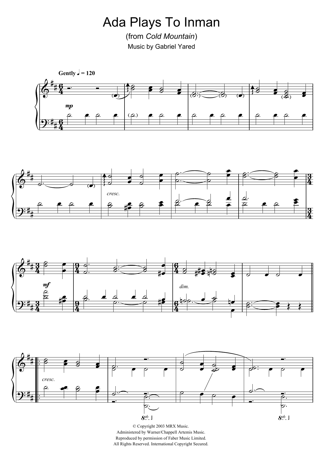 Gabriel Yared Ada Plays To Inman (from Cold Mountain) Sheet Music Notes & Chords for Piano - Download or Print PDF