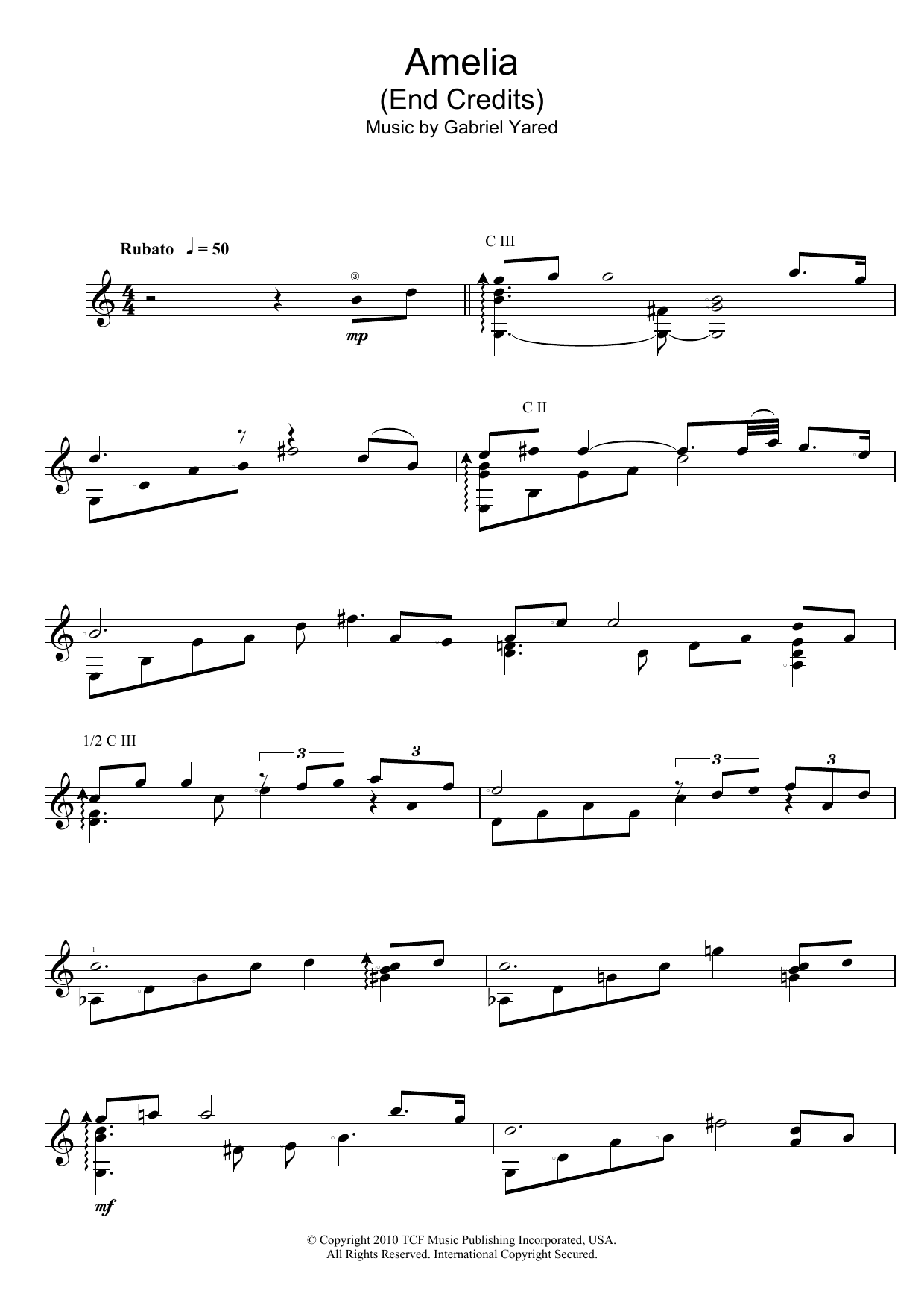 Gabriel Yared Amelia (End Credits) Sheet Music Notes & Chords for Guitar - Download or Print PDF