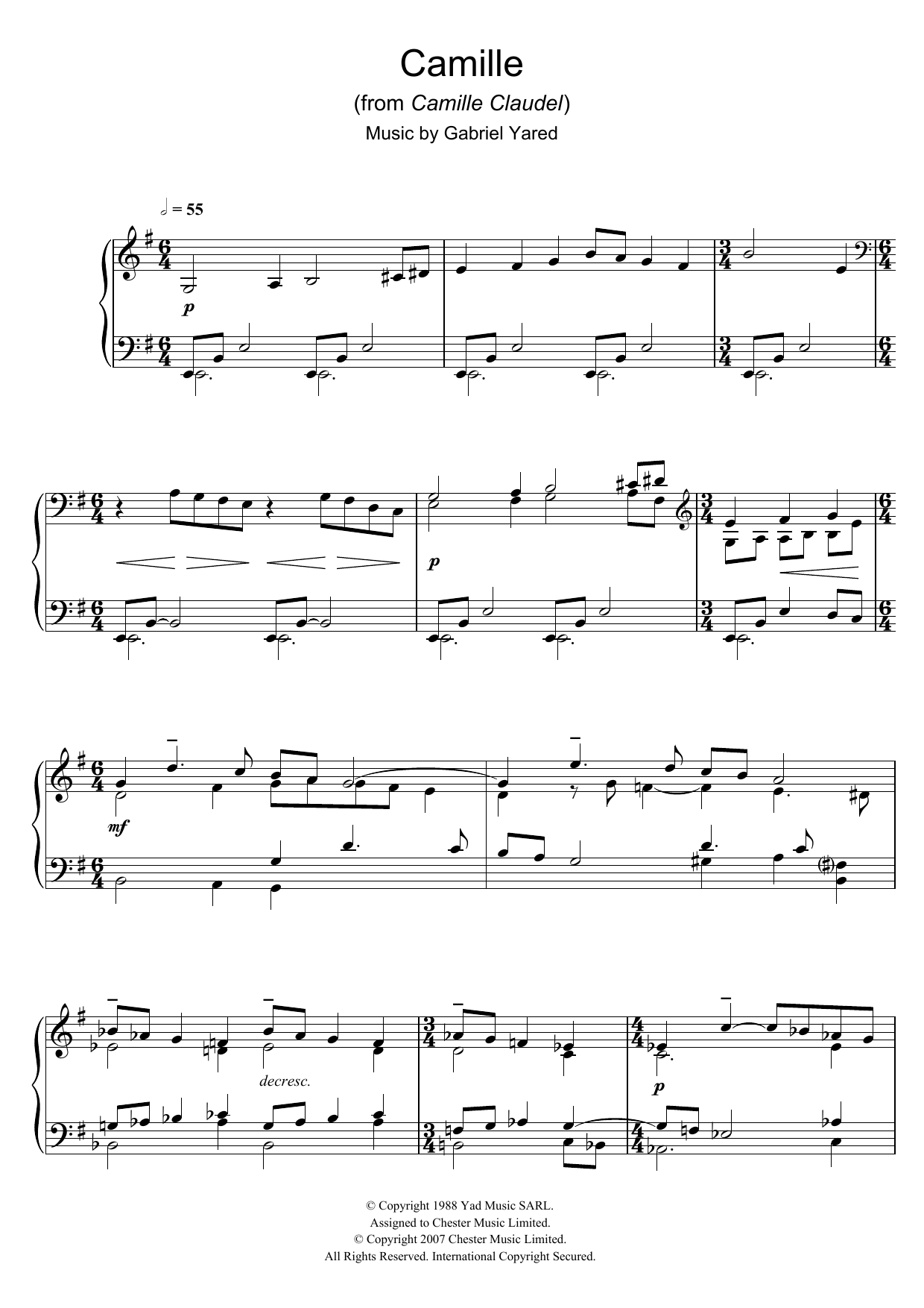Gabriel Yared Camille (from Camille Claudel) Sheet Music Notes & Chords for Piano - Download or Print PDF