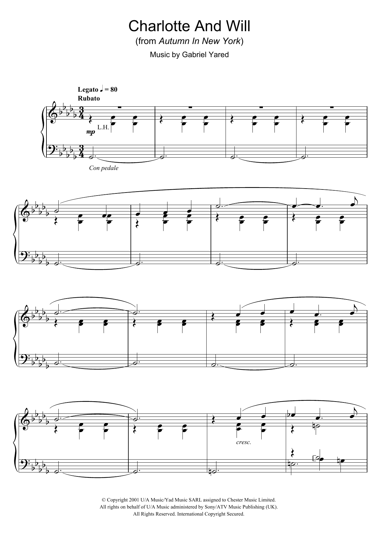 Gabriel Yared Charlotte And Will (from Autumn In New York) Sheet Music Notes & Chords for Piano - Download or Print PDF
