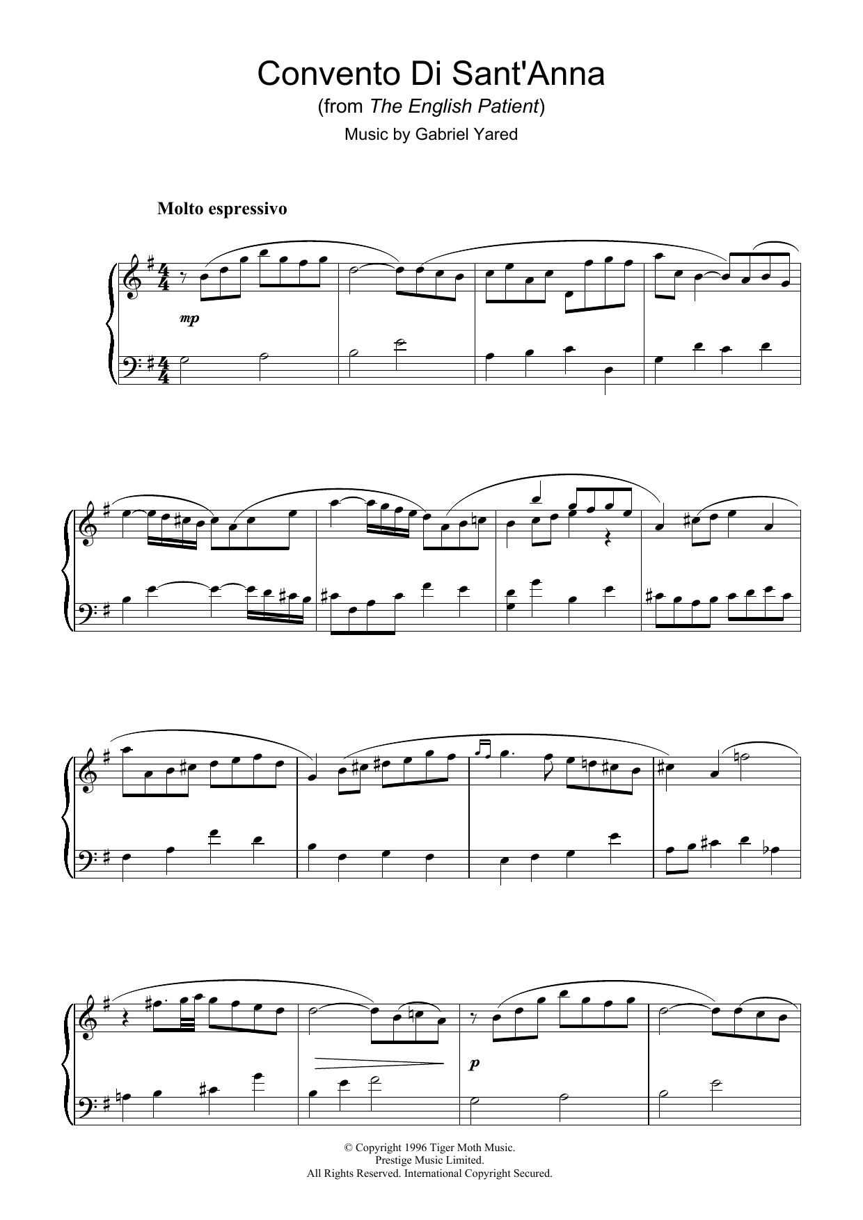 Gabriel Yared Convento Di Sant'anna (from The English Patient) Sheet Music Notes & Chords for Piano - Download or Print PDF