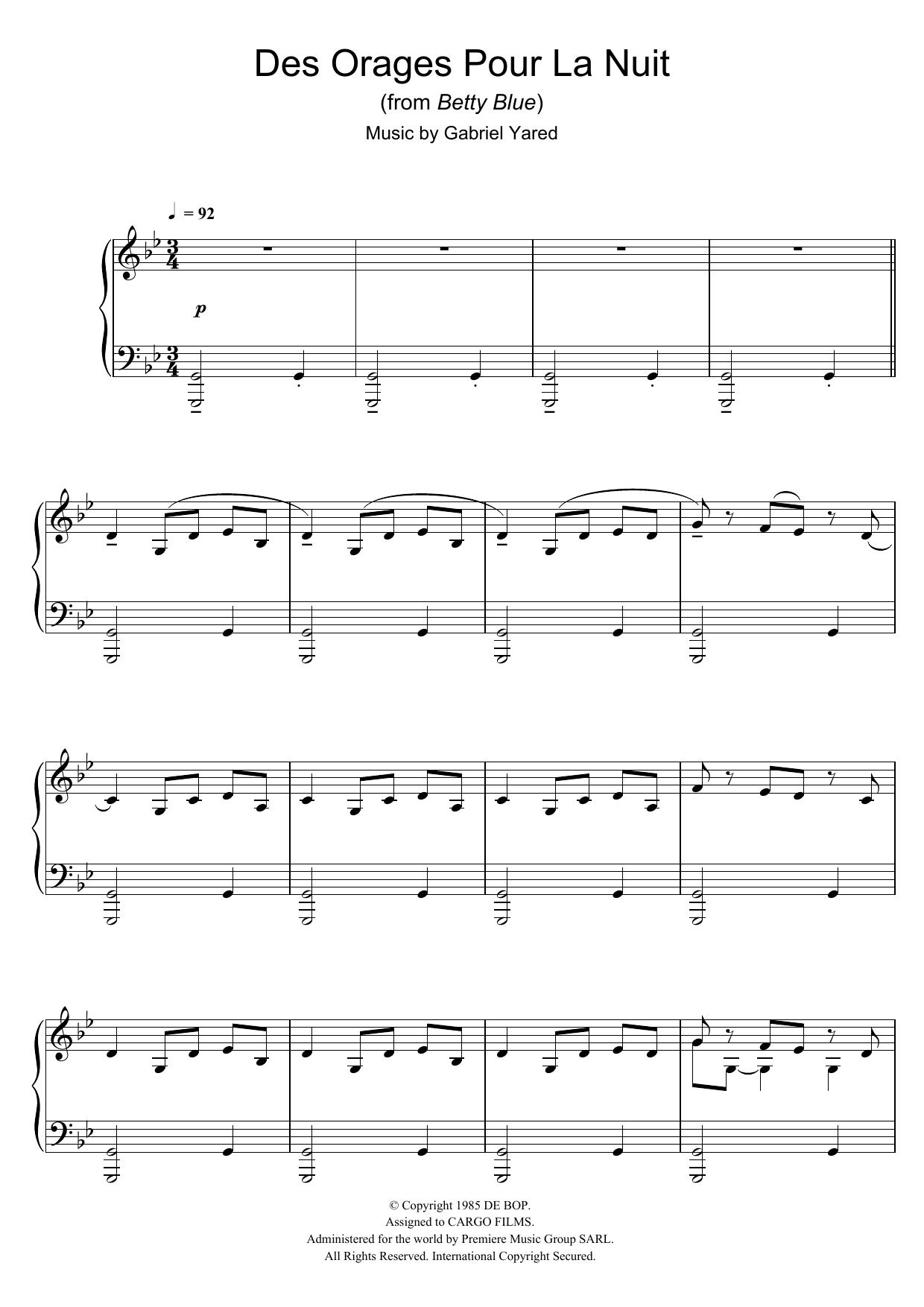 Gabriel Yared Des Orages Pour La Nuit (from Betty Blue) Sheet Music Notes & Chords for Piano - Download or Print PDF