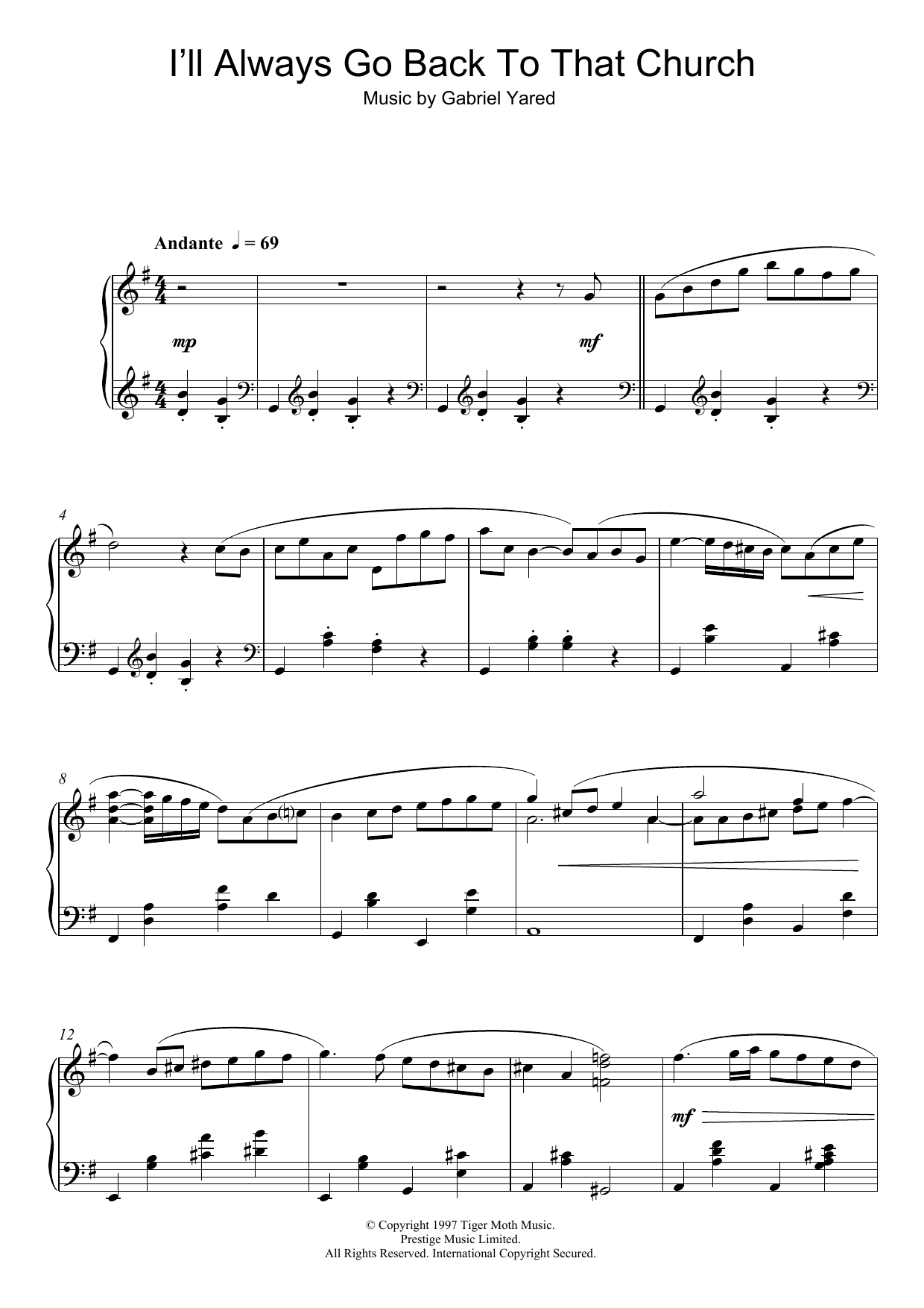 Gabriel Yared I'll Always Go Back To That Church Sheet Music Notes & Chords for Piano - Download or Print PDF