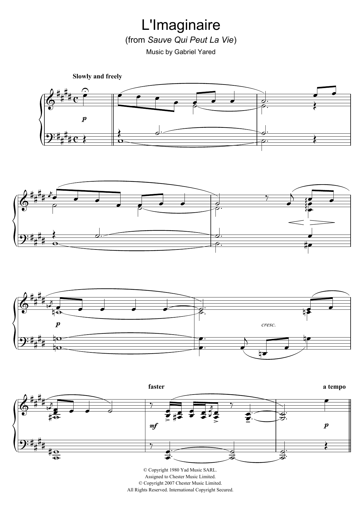 Gabriel Yared L'Imaginaire (from Sauve Qui Peut La Vie) Sheet Music Notes & Chords for Piano - Download or Print PDF