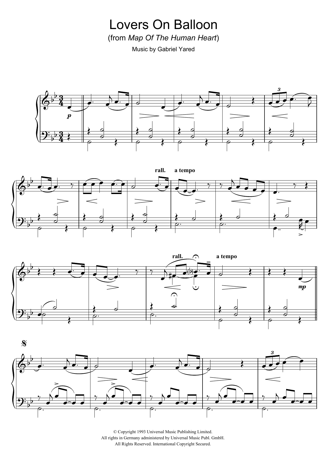 Gabriel Yared Lovers On Balloon (from Map Of The Human Heart) Sheet Music Notes & Chords for Piano - Download or Print PDF