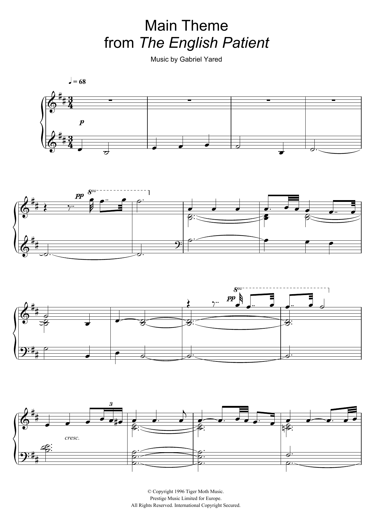 Gabriel Yared Main Theme (from The English Patient) Sheet Music Notes & Chords for Piano - Download or Print PDF