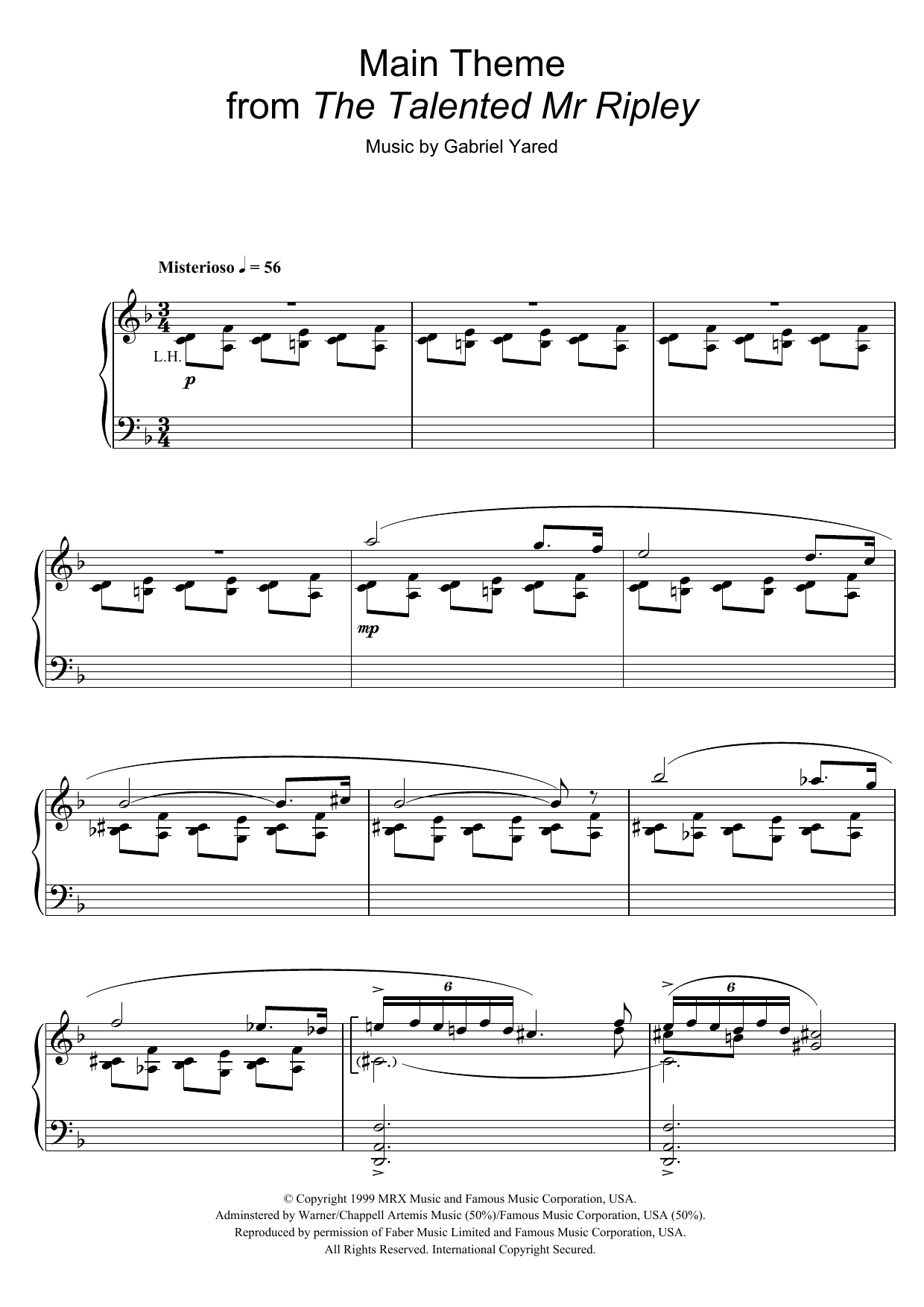 Gabriel Yared Main Theme (from The Talented Mr Ripley) Sheet Music Notes & Chords for Piano - Download or Print PDF