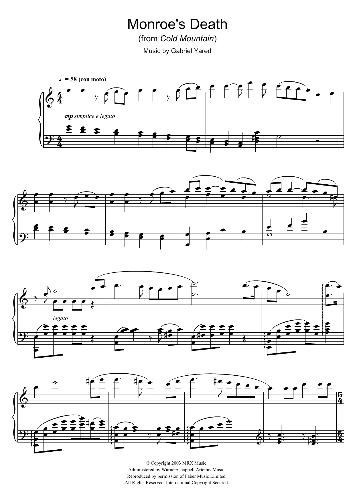 Gabriel Yared Monroe's Death (from Cold Mountain) Sheet Music Notes & Chords for Piano - Download or Print PDF