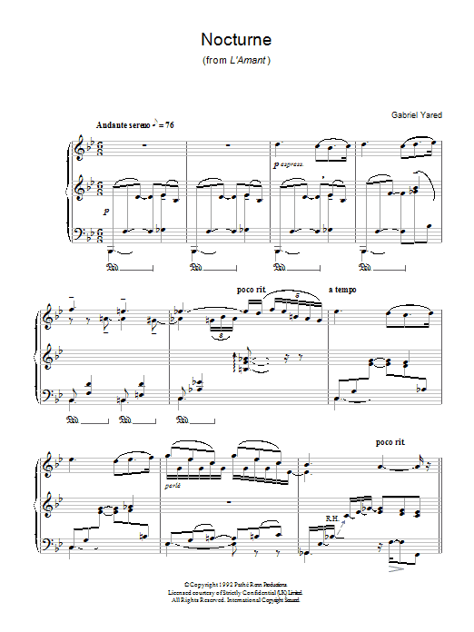Gabriel Yared Nocturne (from L'Amant) Sheet Music Notes & Chords for Piano - Download or Print PDF