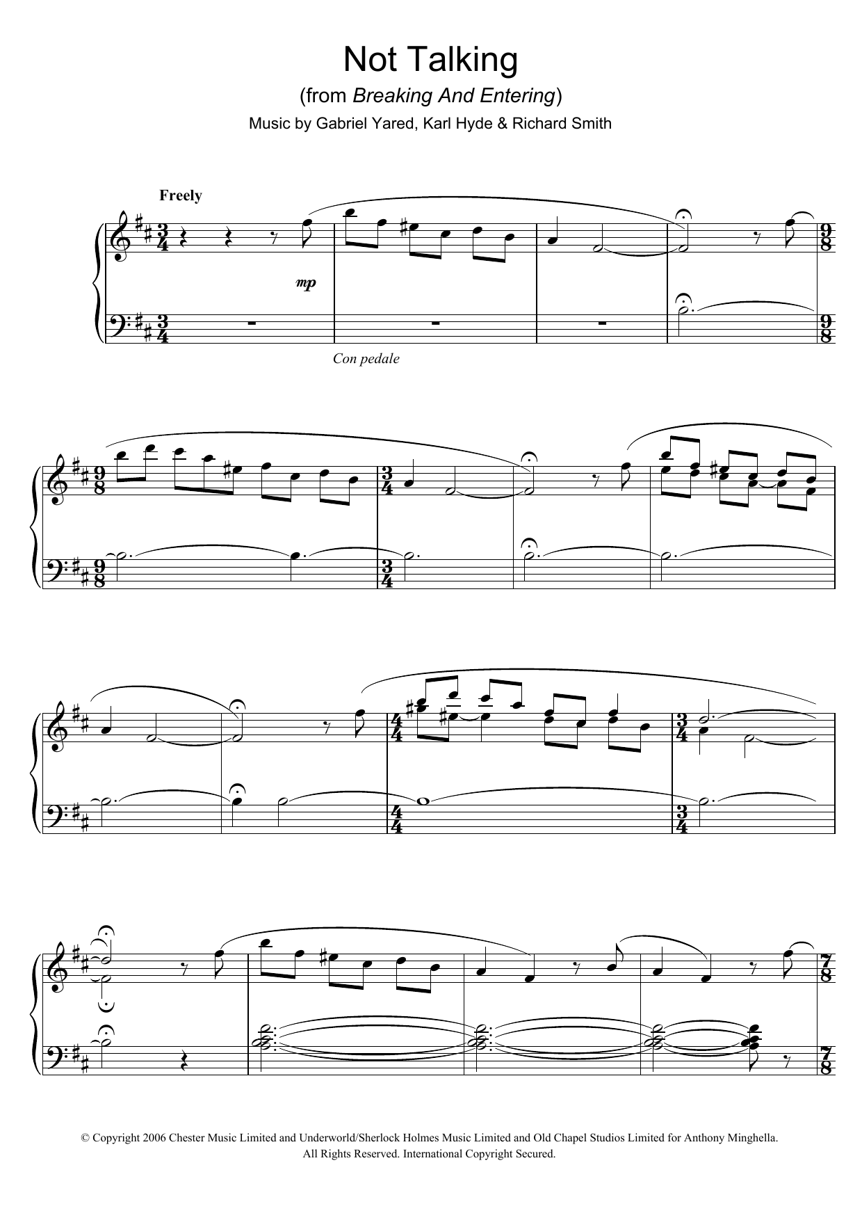 Gabriel Yared Not Talking (from Breaking And Entering) Sheet Music Notes & Chords for Piano - Download or Print PDF