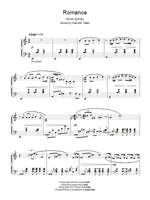 Gabriel Yared Romance (from Sylvia) Sheet Music Notes & Chords for Piano - Download or Print PDF