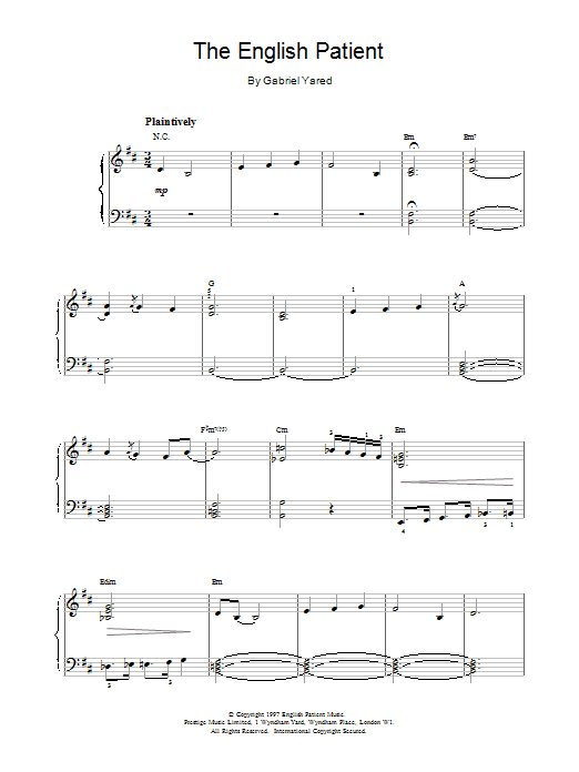 Gabriel Yared The English Patient Sheet Music Notes & Chords for Beginner Piano - Download or Print PDF