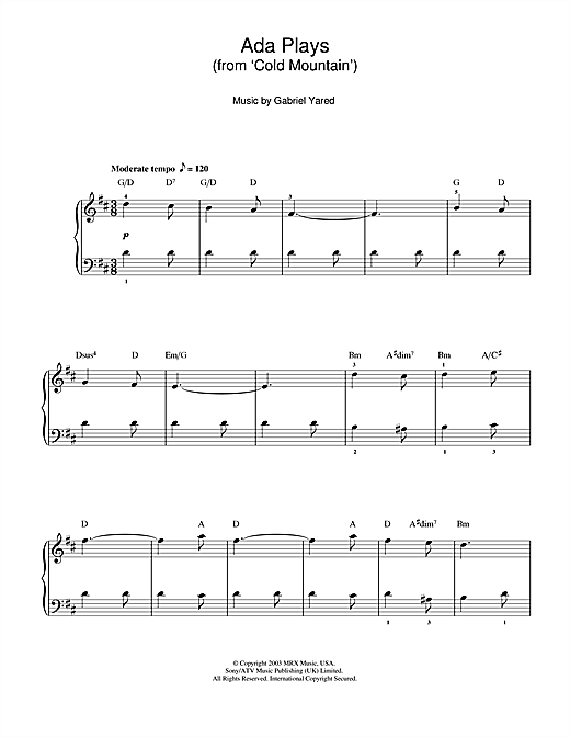 Gabriel Yared Ada Plays (from 'Cold Mountain') Sheet Music Notes & Chords for Beginner Piano - Download or Print PDF