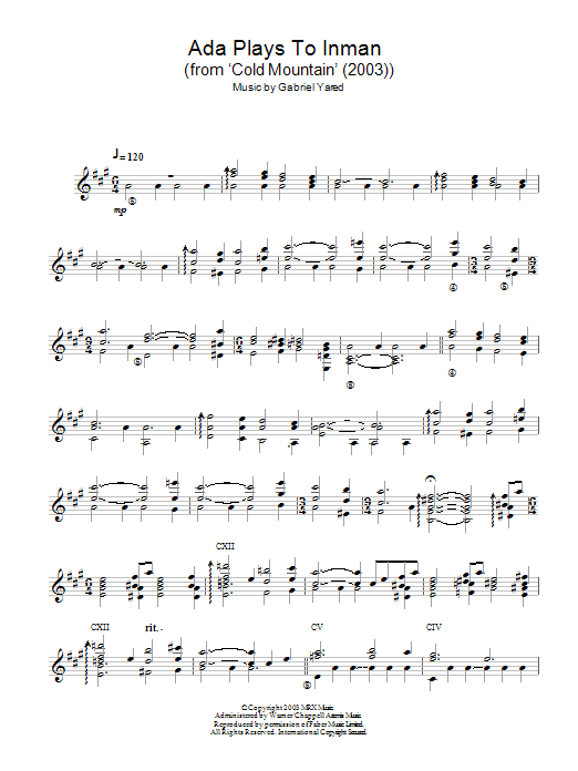 Preview Gabriel Yared Ada Plays To Inman Folk sheet music, notes and chords for Guitar, SKU: 113629 Ada Plays To Inman sheet music