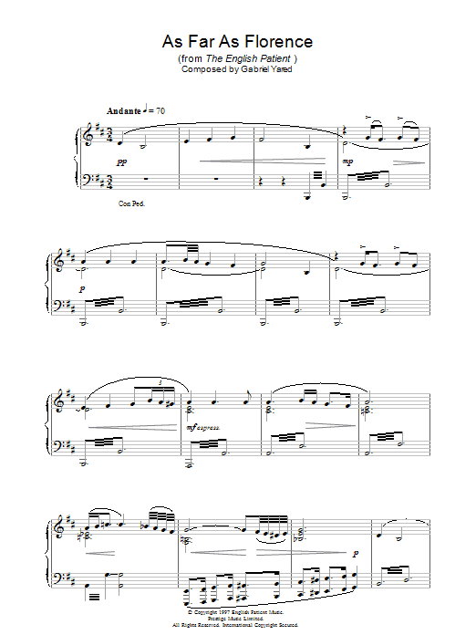 Preview Gabriel Yared As Far As Florence (from The English Patient) Film and TV sheet music, notes and chords for Piano, SKU: 33694 As Far As Florence (from The English Patient) sheet music