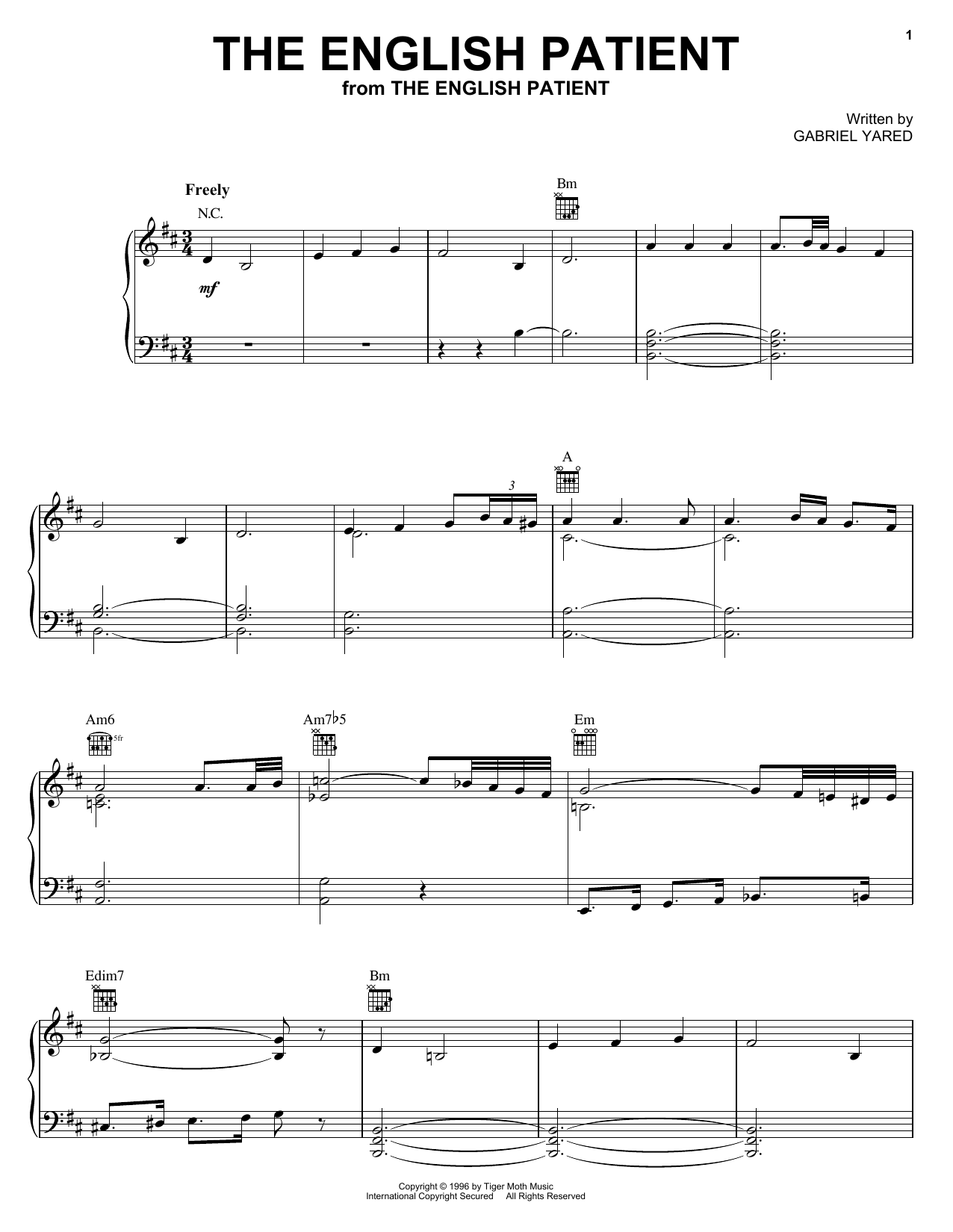 Preview Gabriel Yared The English Patient Film and TV sheet music, notes and chords for Piano, SKU: 25267 The English Patient sheet music