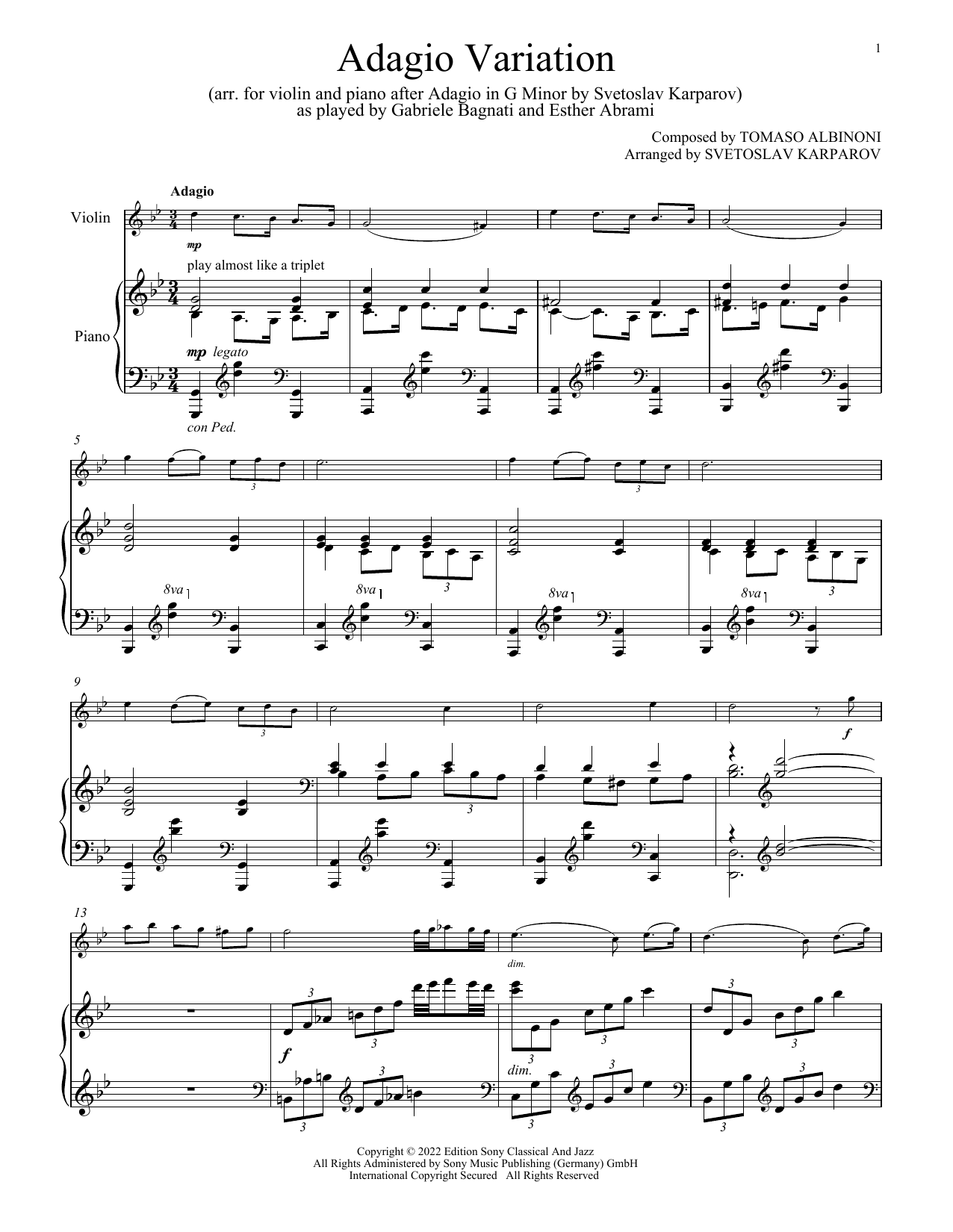 Gabriele Bagnati and Esther Abrami Adagio Variation (arr. Svetoslav Karparov) Sheet Music Notes & Chords for Violin and Piano - Download or Print PDF
