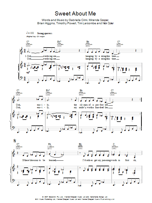 Gabriella Cilmi Sweet About Me Sheet Music Notes & Chords for Piano, Vocal & Guitar (Right-Hand Melody) - Download or Print PDF