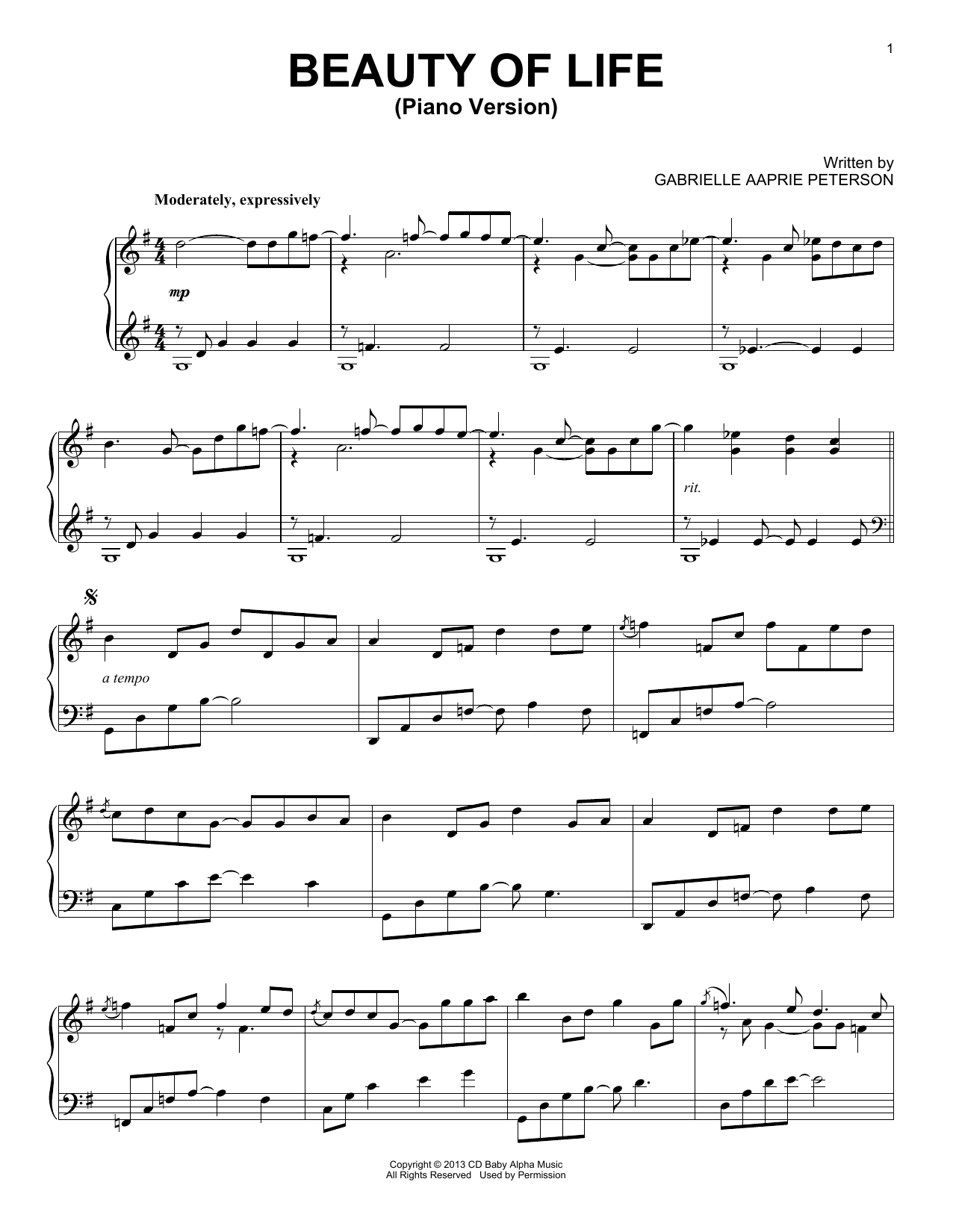 Gabrielle Aapri Beauty Of Life Sheet Music Notes & Chords for Piano Solo - Download or Print PDF