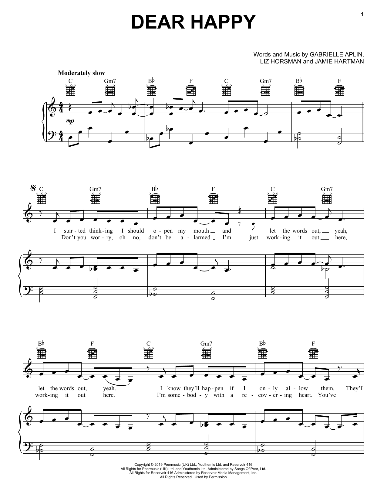 Gabrielle Aplin Dear Happy Sheet Music Notes & Chords for Piano, Vocal & Guitar (Right-Hand Melody) - Download or Print PDF