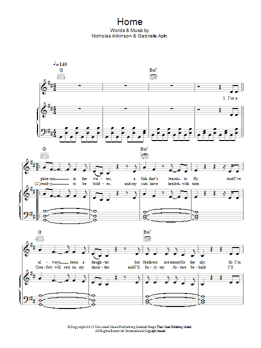 Gabrielle Aplin Home Sheet Music Notes & Chords for Piano, Vocal & Guitar (Right-Hand Melody) - Download or Print PDF