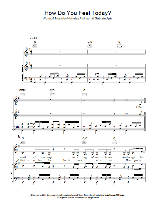 Gabrielle Aplin How Do You Feel Today? Sheet Music Notes & Chords for Piano, Vocal & Guitar (Right-Hand Melody) - Download or Print PDF
