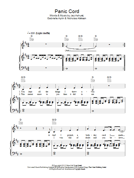 Gabrielle Aplin Panic Cord Sheet Music Notes & Chords for Piano, Vocal & Guitar (Right-Hand Melody) - Download or Print PDF