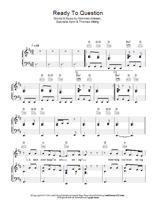 Gabrielle Aplin Ready To Question Sheet Music Notes & Chords for Piano, Vocal & Guitar (Right-Hand Melody) - Download or Print PDF