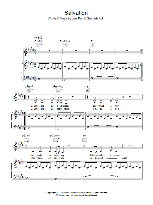 Gabrielle Aplin Salvation Sheet Music Notes & Chords for Piano, Vocal & Guitar (Right-Hand Melody) - Download or Print PDF