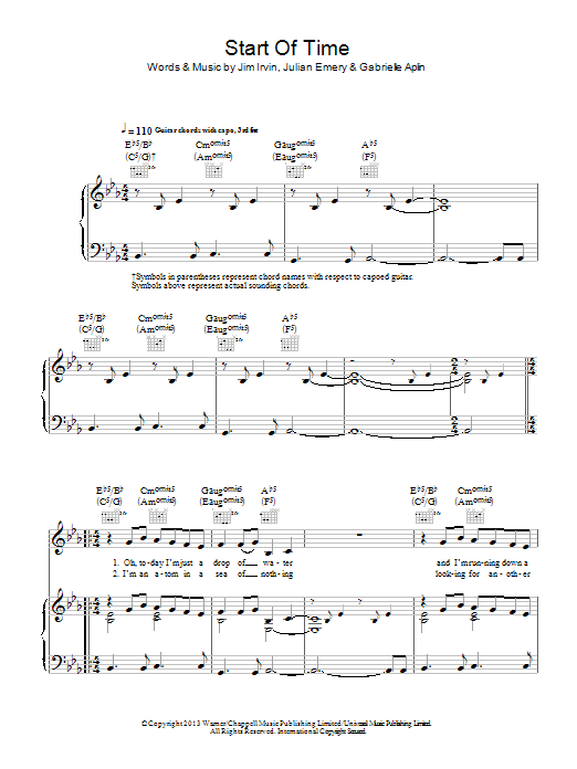 Gabrielle Aplin Start Of Time Sheet Music Notes & Chords for Piano, Vocal & Guitar (Right-Hand Melody) - Download or Print PDF